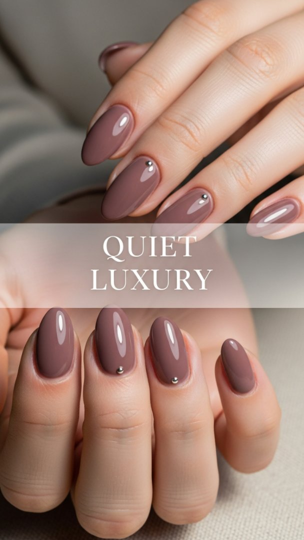 Quiet Luxury Mauve Almond Nails with Minimalist Silver Stud Accent