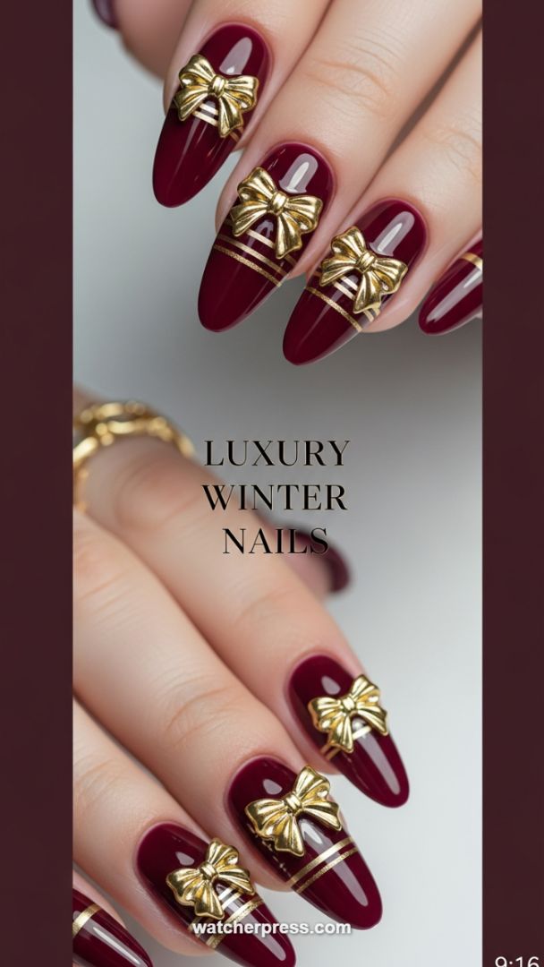 Regal Burgundy Gift-Wrapped Nails: A Luxurious Winter Manicure