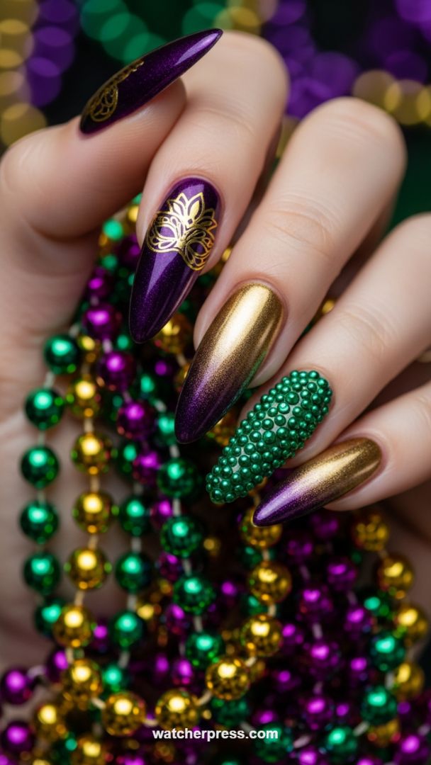 Regal Carnival Glam: Extreme Coffin Nails Featuring Metallic Ombre and 3D Caviar Accents