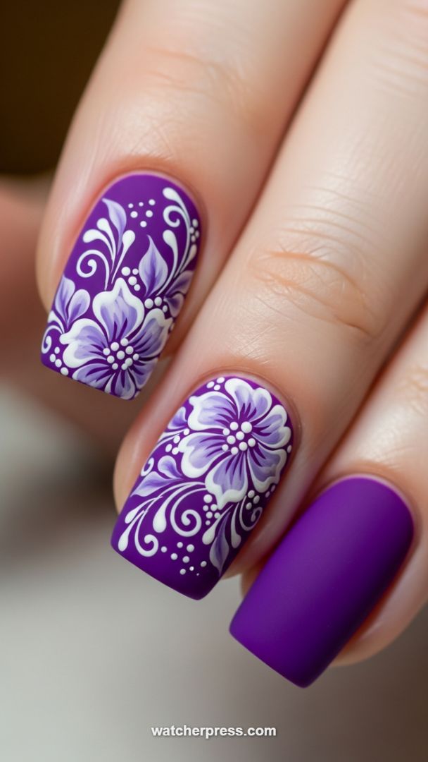 Regal Matte Purple Nails with White 3D Floral Filigree