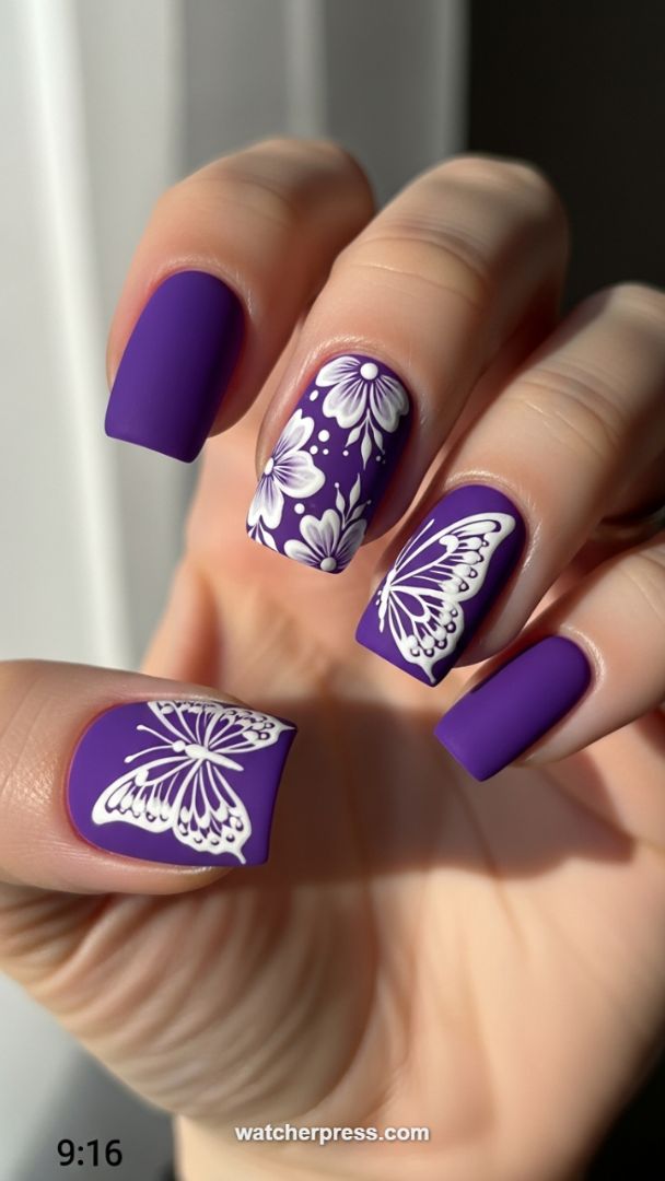 Regal Matte Violet Nails Featuring Crisp White 3D Butterfly and Floral Stamping