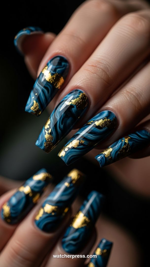 Regal Teal Marble Coffin Nails with Gilded Gold Foil Accents