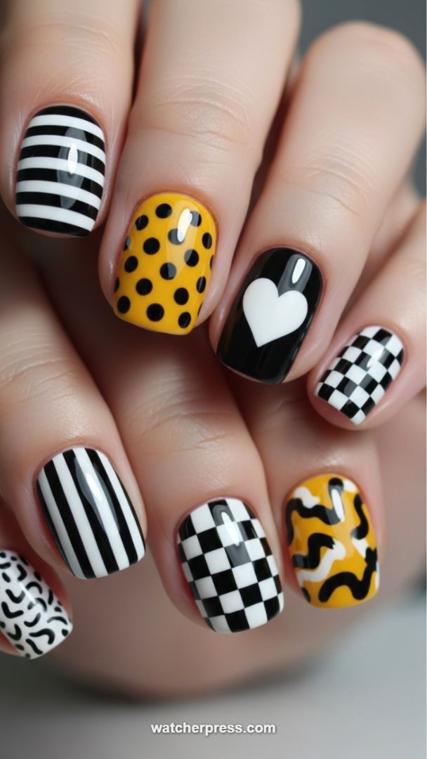 Retro Mod Love: High-Contrast Black, White, and Mustard Graphic Manicure