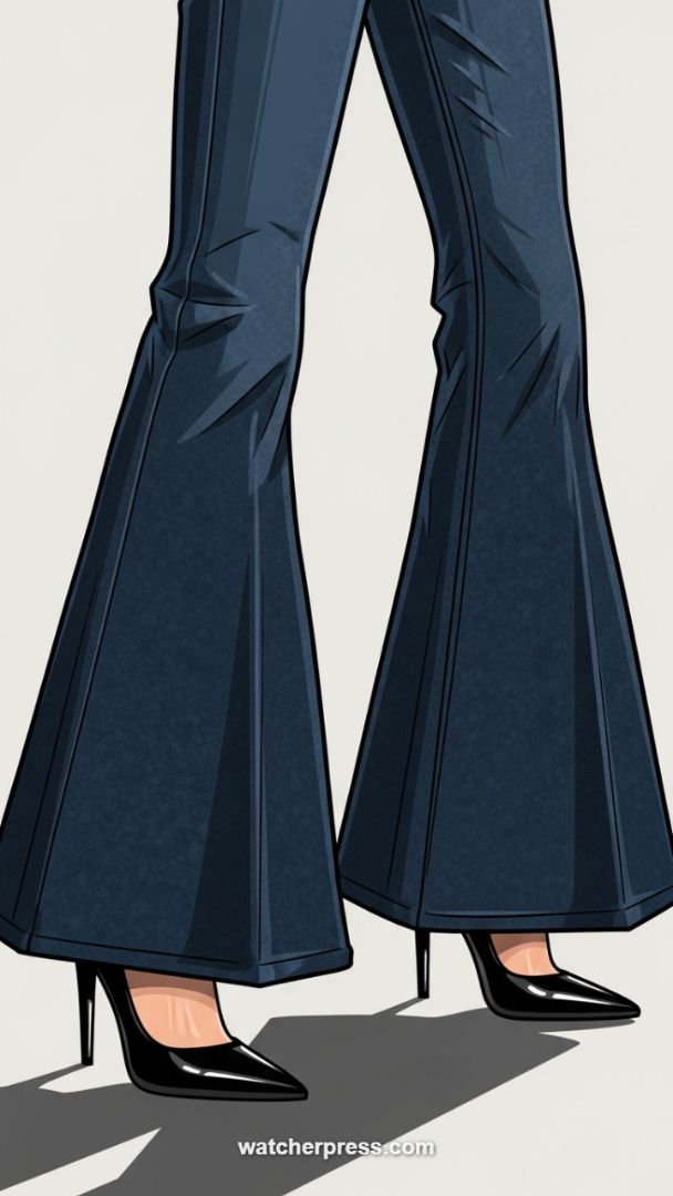 Retro Revival: The Commanding Silhouette of Dark Wash Flared Denim and Patent Pumps