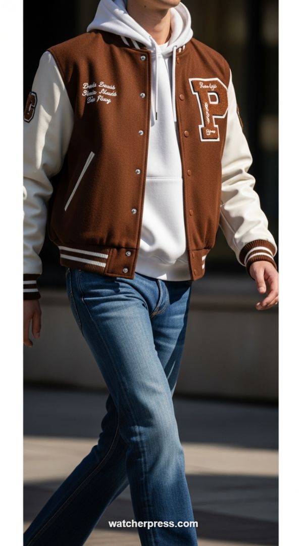 Rich Contrast: A Brown and Cream Varsity Jacket for High-Impact Casual Wear