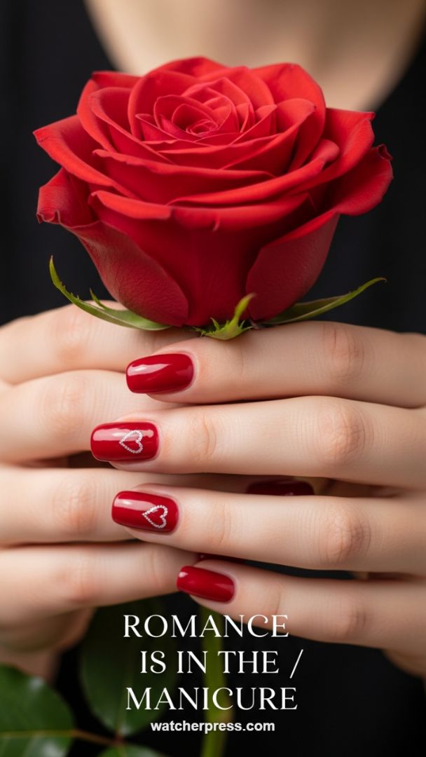 Ruby Red Romance: Classic Square Nails with Subtle Rhinestone Heart Accents