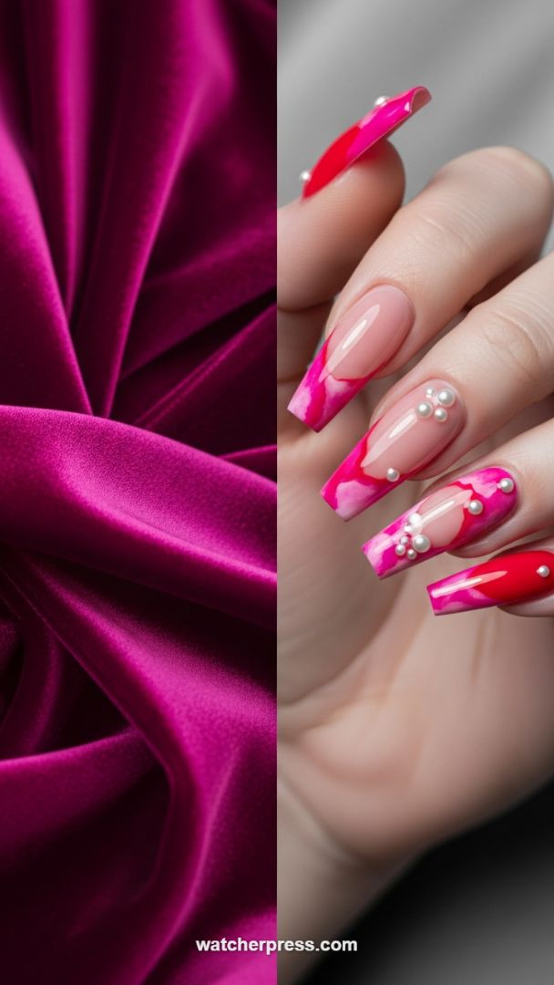 Sculpted Coffin Nails in Fuchsia Water Marble with Pearl Accents