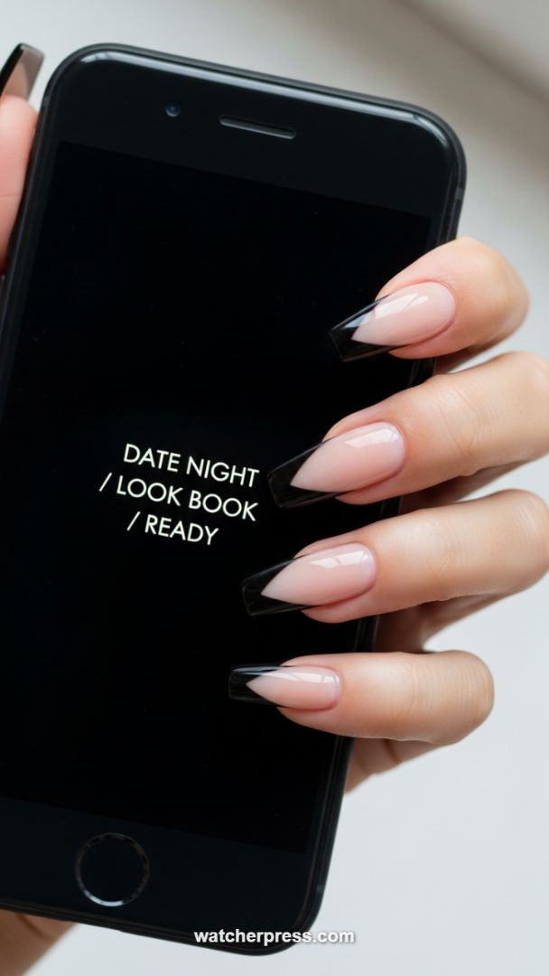 Sculpted Length: Mastering the Black V-Tip French Manicure on Tapered Nails