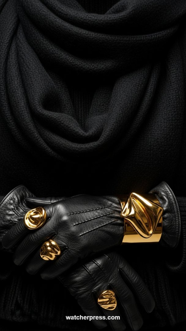 Sculptural Gold-Accented Black Leather Dress Gloves