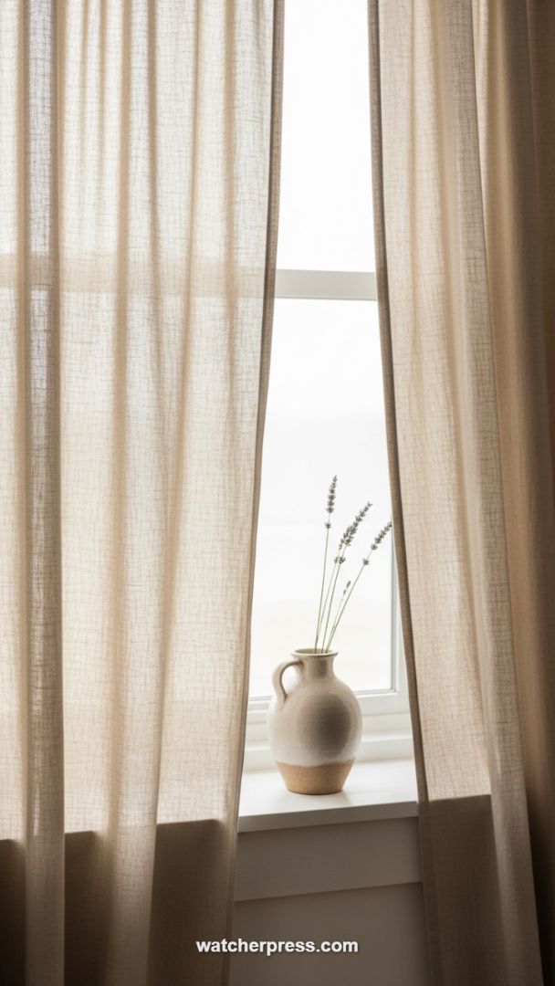 Serene Minimalist Window: Linen Curtains and Lavender Still Life