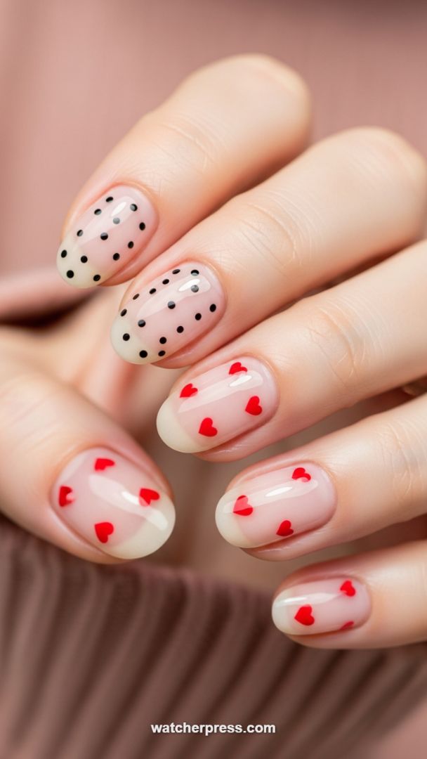 Sheer Romance: Polka Dot and Red Heart Mixed-Media Nail Art on Natural Oval Tips