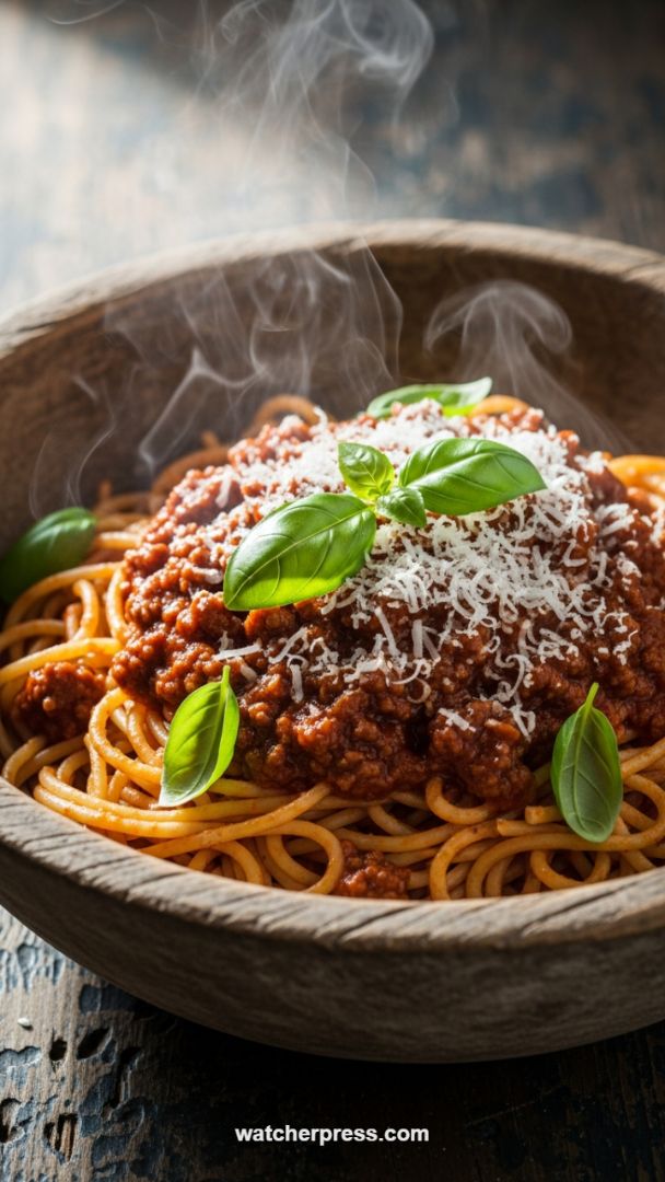 Steaming 30-Minute Spaghetti Bolognese with Fresh Basil and Parmesan