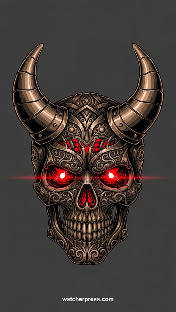 Steampunk Infernal Skull: Ornate Bronze and Glowing Red Mobile Wallpaper