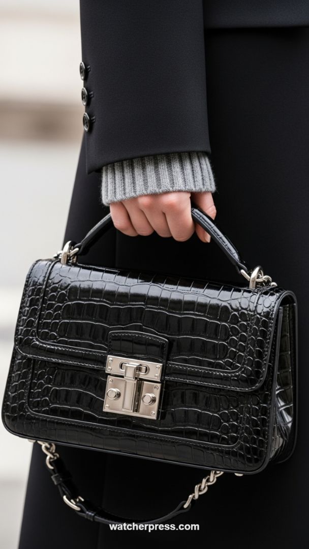 Structured Elegance: The Patent Croc-Embossed Handbag Enhancing a Layered Black and Grey Ensemble