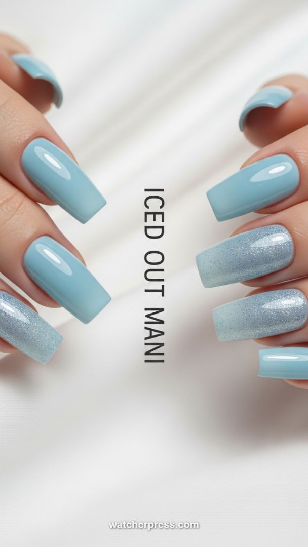 Sub-Zero Sparkle: Iced Blue Glossy Coffin Nails with Frosted Ombré Accents