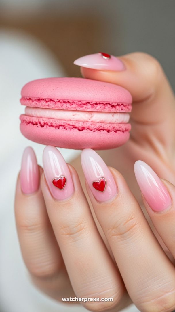 Sweetheart Pink Ombré Coffin Nails with Glossy 3D Heart Embellishments