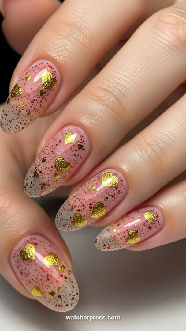Sweetheart Speckle: High-Gloss Jelly Nails with Floating Gold Charms