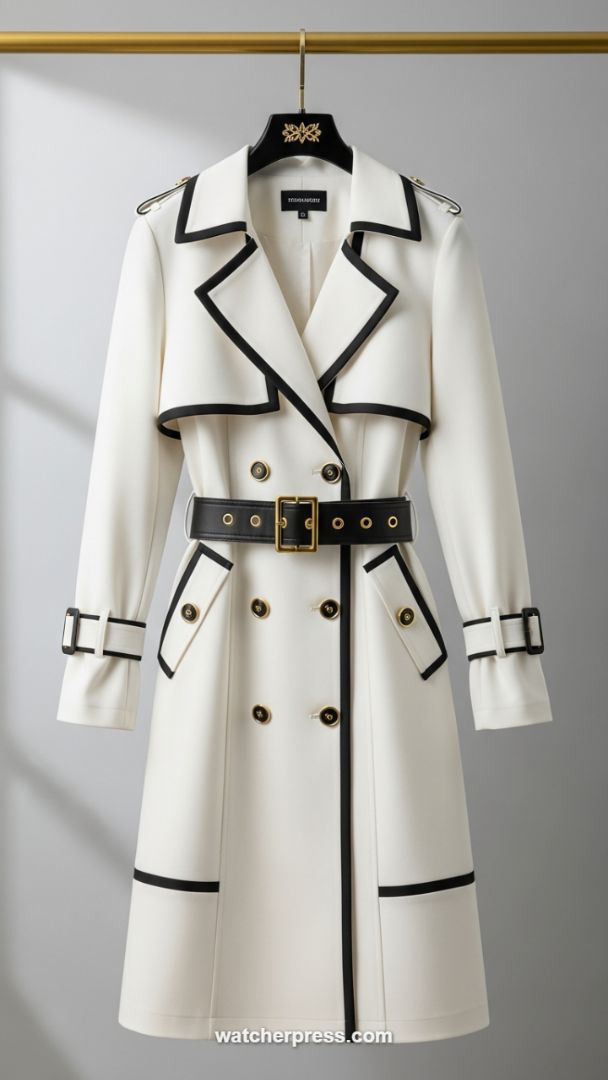 Tailored Edge: The Graphic White Trench Coat with Contrast Piping