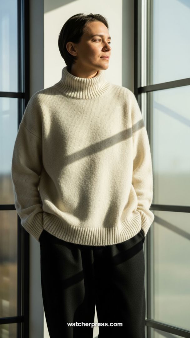 The Architectural Knit: Elevated Cream Turtleneck and Structured Trousers