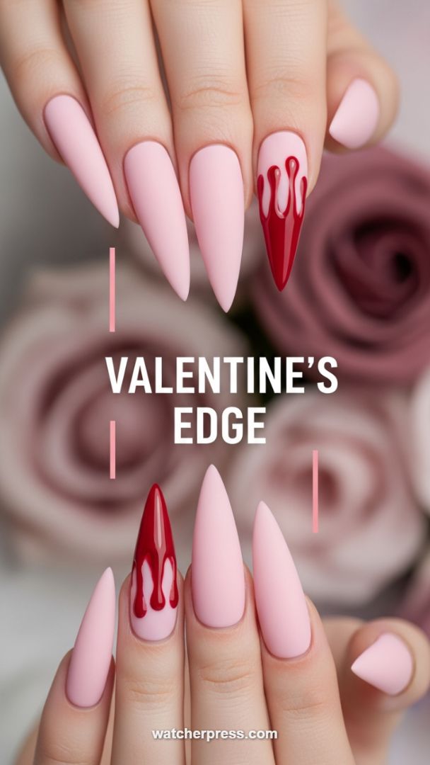 The 'Bleeding Heart' Stiletto: Matte Pink Nails with High-Gloss Red Drip Art
