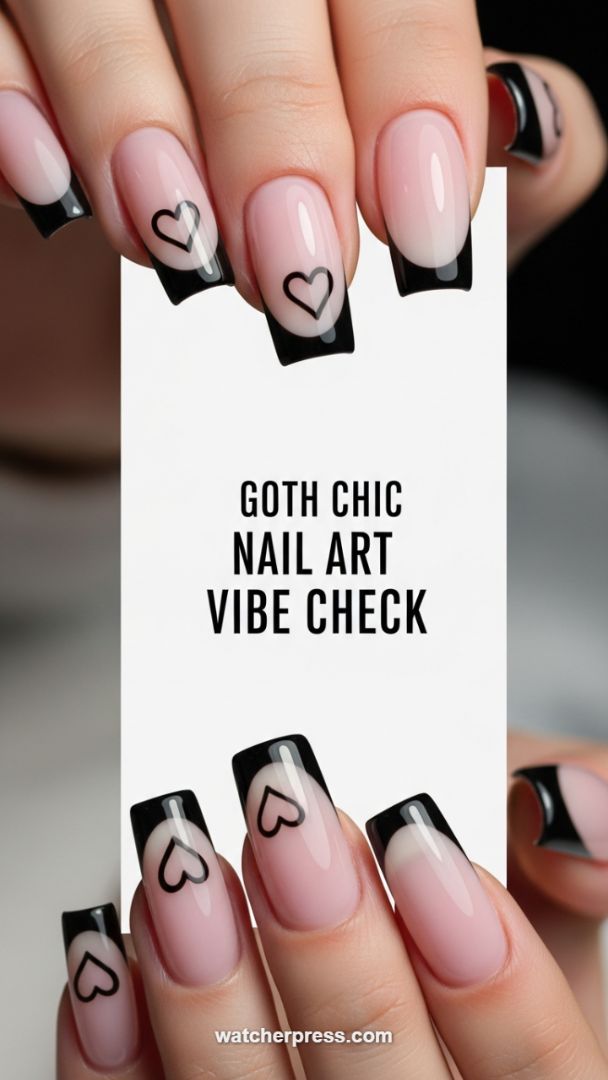 The 'Dark Romance' French Manicure: Mastering the Goth-Chic Black Tip and Outline Heart Detail