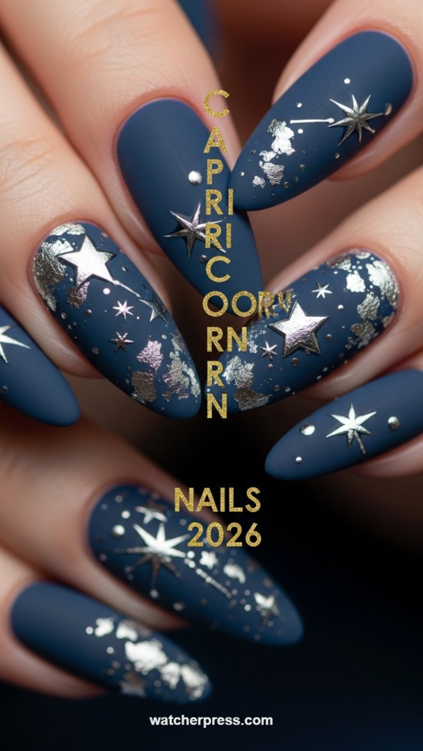 The Deep Night Sky: Luxurious Matte Navy Stiletto Nails with Celestial Chrome Accents