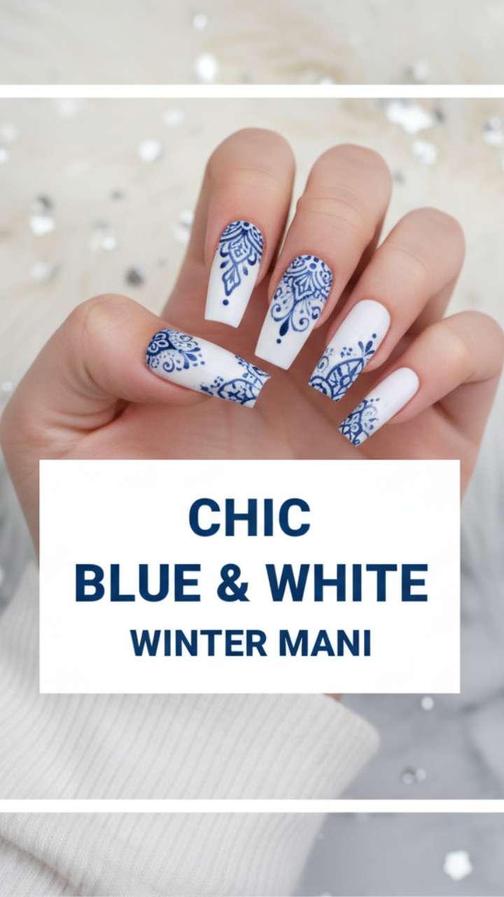 The Delftware Dream: Elegant Blue & White Winter Mandala Nails