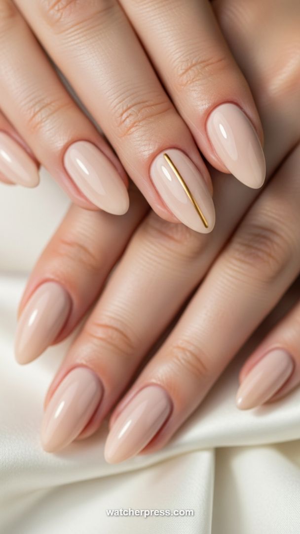 The Epitome of Elegance: Almond Nude Nails with a Sleek Gold Stripe Accent