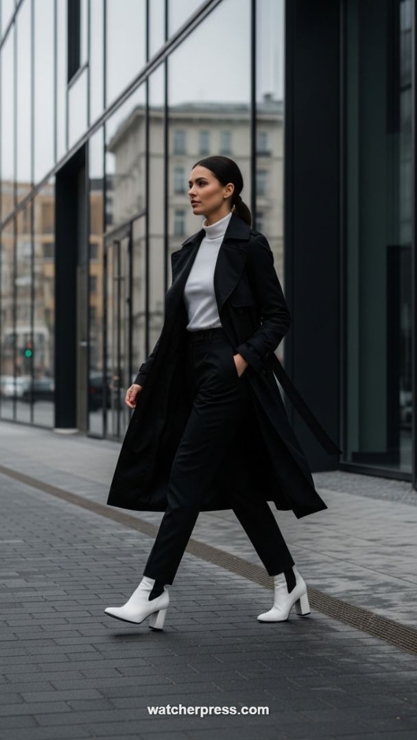 The Essential Black Trench Coat and White Boot Pairing for Year-Round Corporate Chic