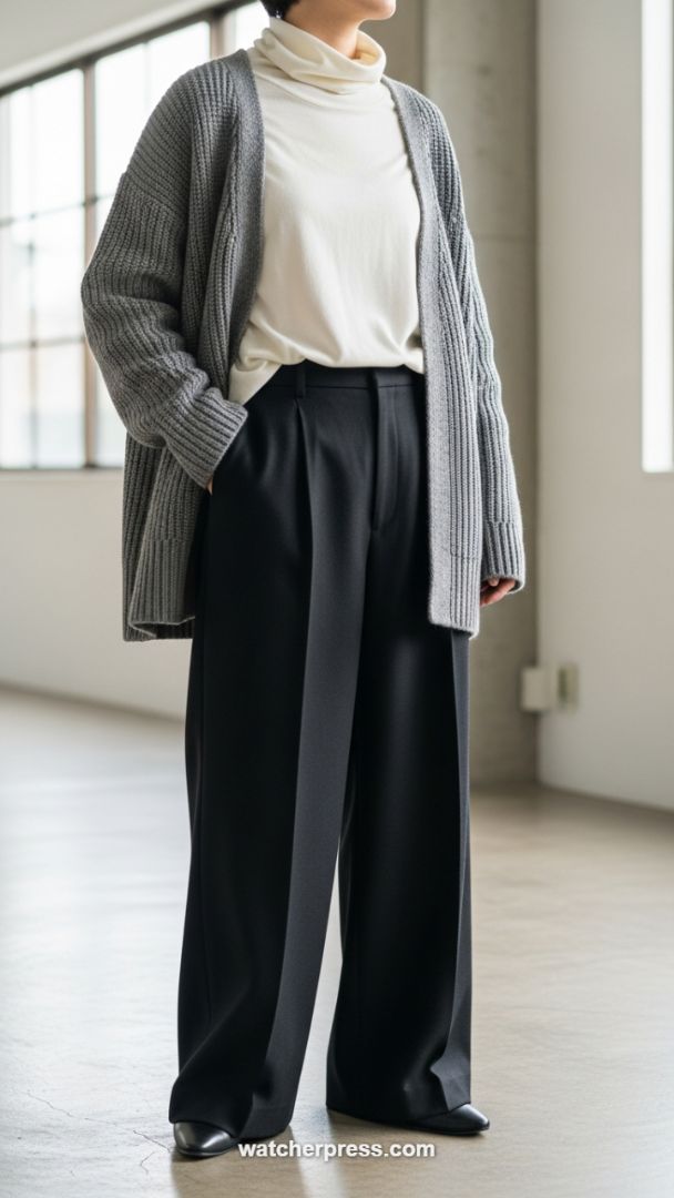 The Essential Layering Formula: Chunky Knit Cardigan and Tailored Wide-Leg Trousers for Quiet Luxury