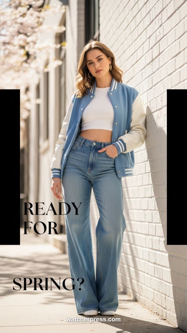 The Essential Spring Layer: Varsity Bomber Paired with High-Rise Wide-Leg Denim