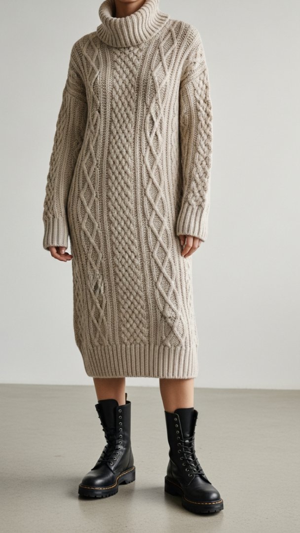 The Heritage Cable Knit Maxi Sweater Dress with Slouch Turtleneck