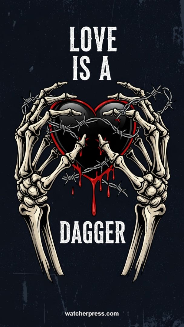 The "Love Is A Dagger" Gothic Heart & Skeleton Mobile Wallpaper
