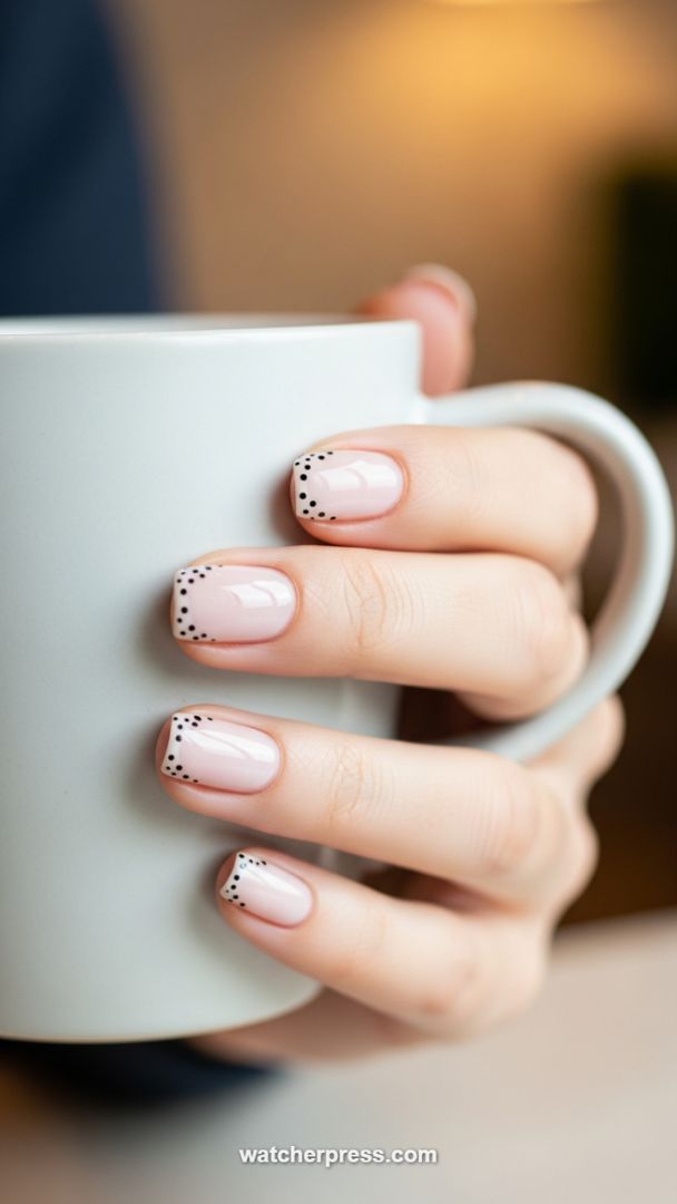 The Micro-Dot French Manicure: A Nude Base with Black Polka Dot Edging