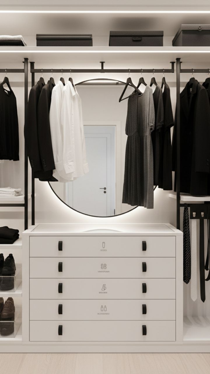 The Monochromatic Closet Command Center with Integrated Vanity