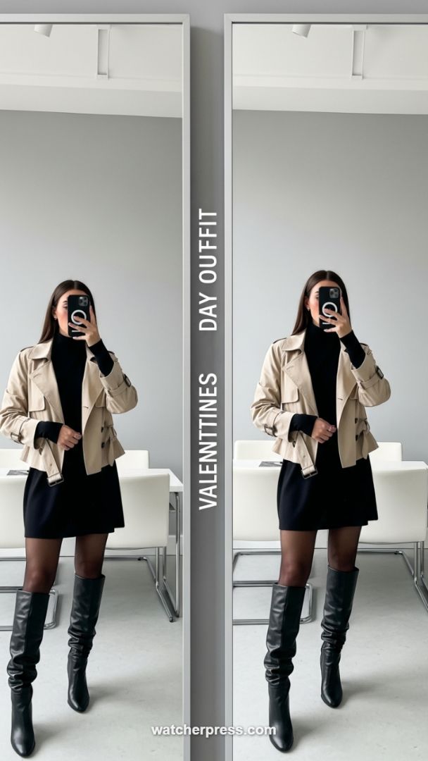 The Parisian Chic Formula: Cropped Trench, Turtleneck Dress, and Knee-High Boots for Understated Luxury.