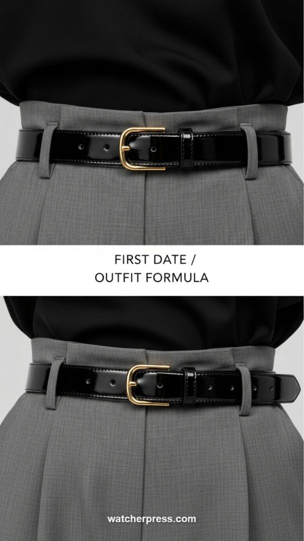 The Polished Cincher: Gold Buckle Patent Leather Belt Styling