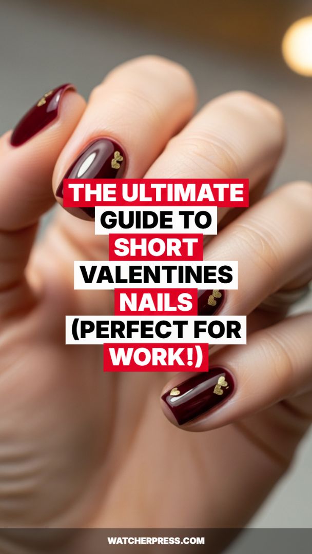 The "Quiet Luxury" Heart Manicure: Short Burgundy Nails with Minimalist Gold Decals