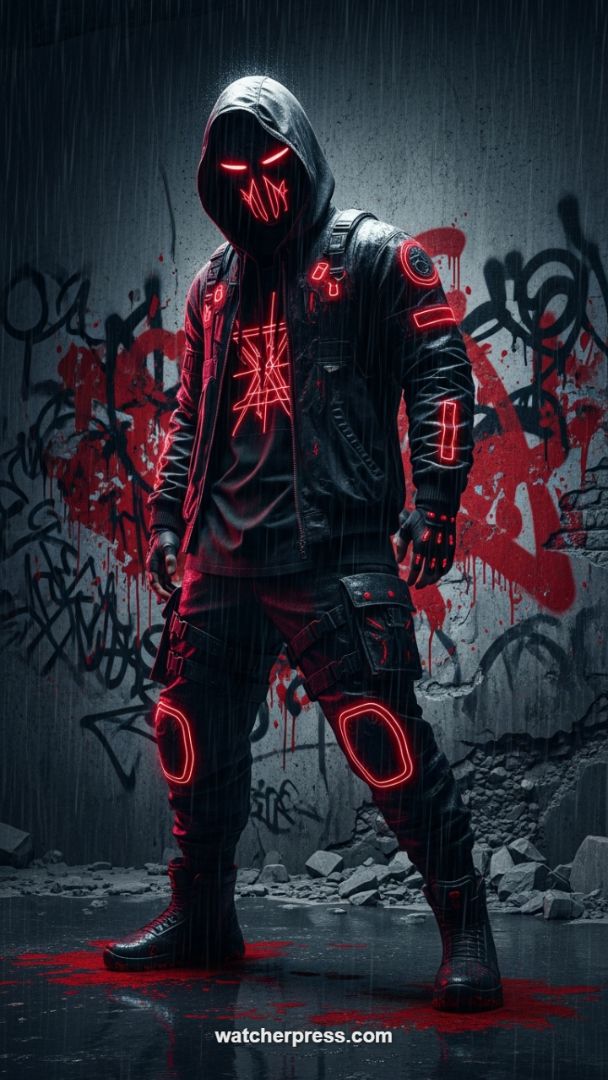 The Red Neon Enforcer: A Gritty Cyberpunk Wallpaper for Relentless Focus