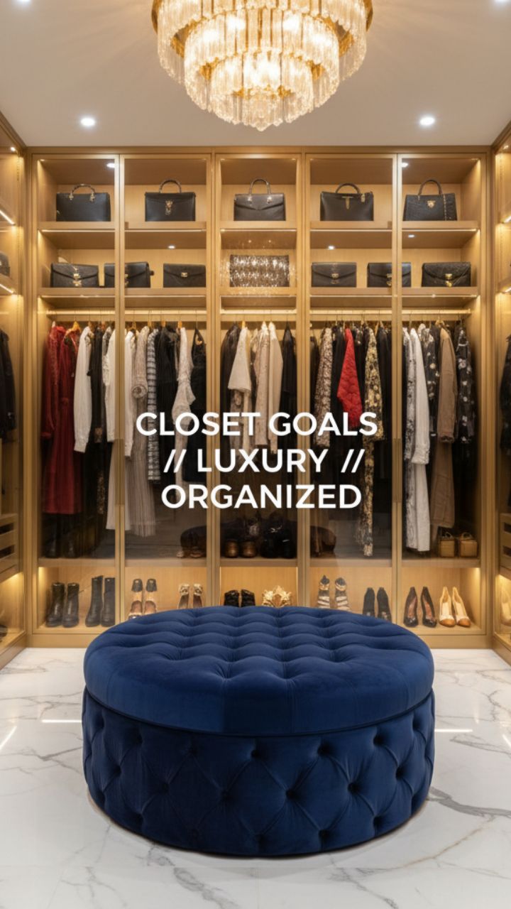 The Regal Navy Velvet Storage Ottoman: A Closet Centerpiece