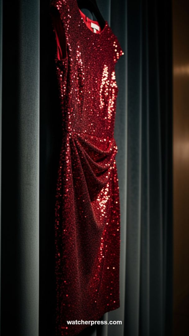 The Scarlet Siren: Elegance in a Draped Sequin Cocktail Dress