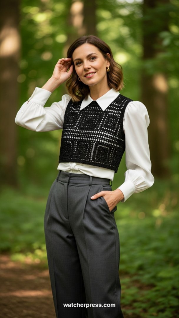 The Textural Cropped Crochet Overlay Vest