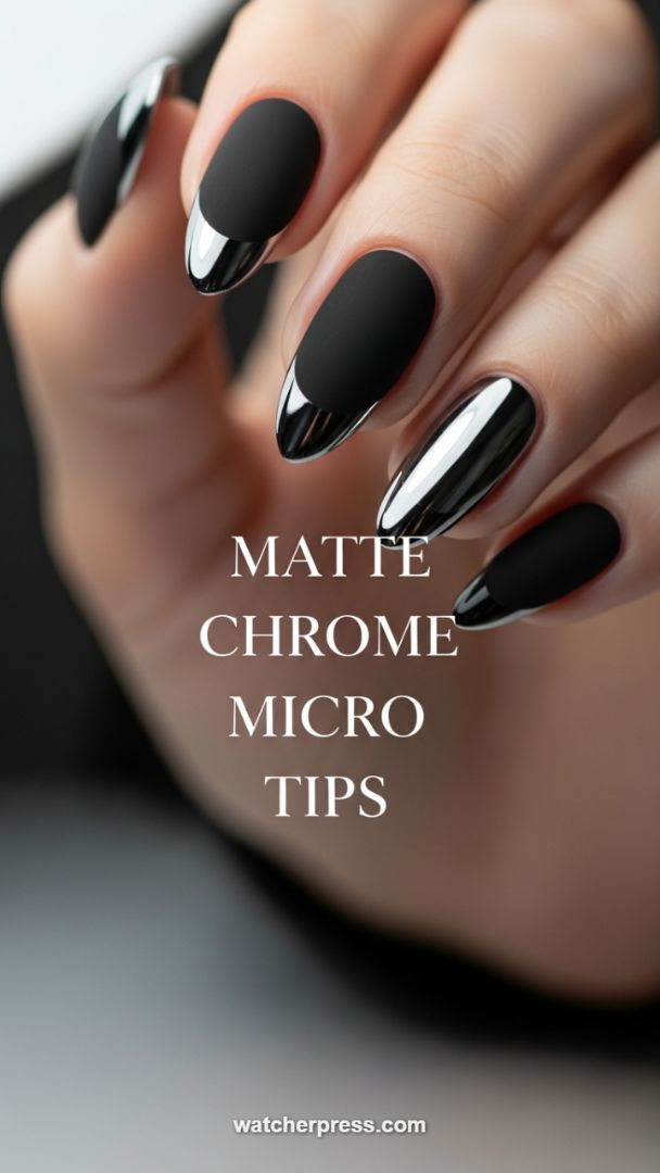The Tuxedo Manicure: Matte Black Base with Mirror Chrome Tips