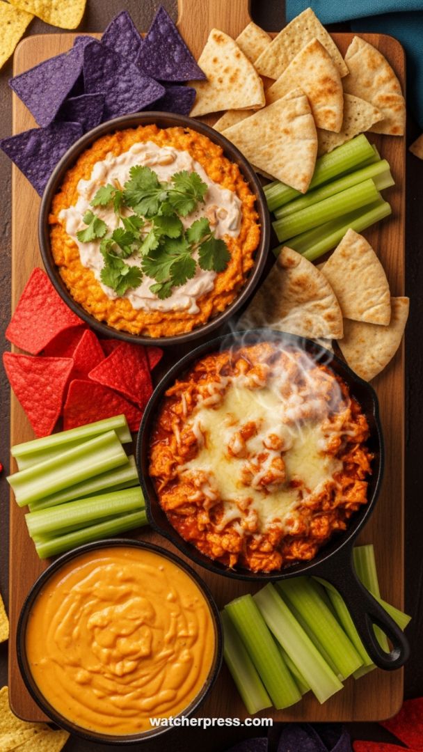The Ultimate Appetizer Board: Hot, Cheesy, and Cold Dip Trio for Interactive Party Snacking