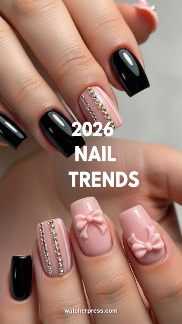 The Ultimate Coquette Look: Glossy Black Nails Paired with 3D Bow and Crystal Accents