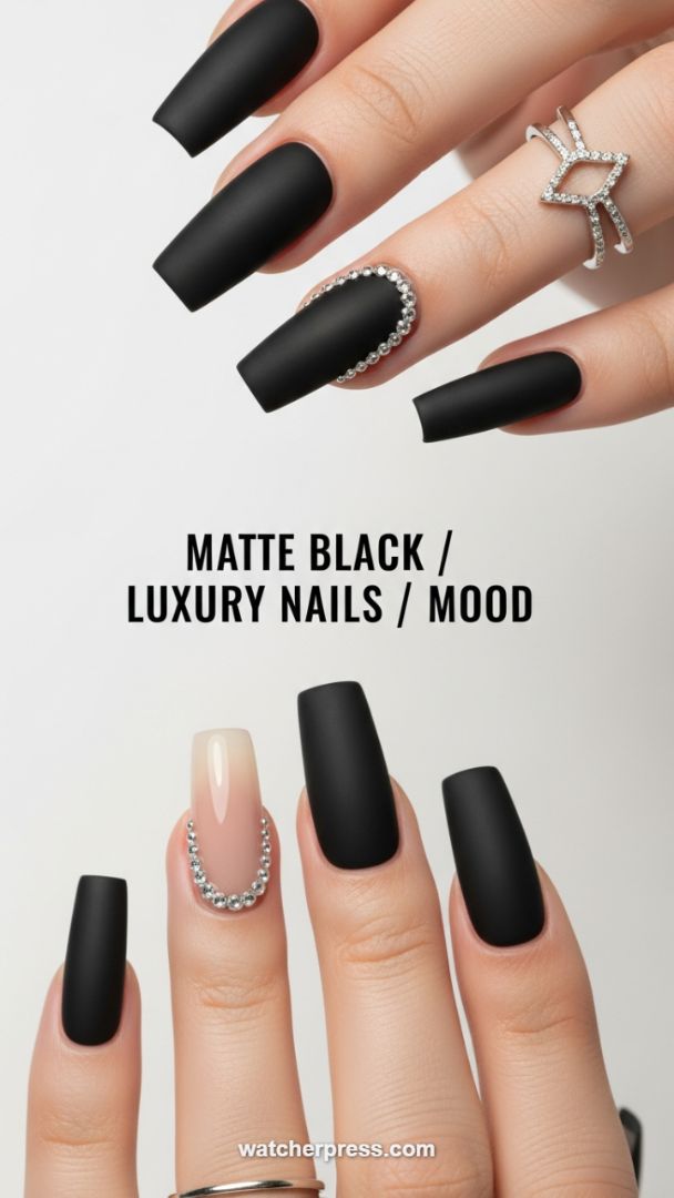 The Ultimate Matte Black Coffin Manicure: Edgy Luxury with Crystal Embellishments