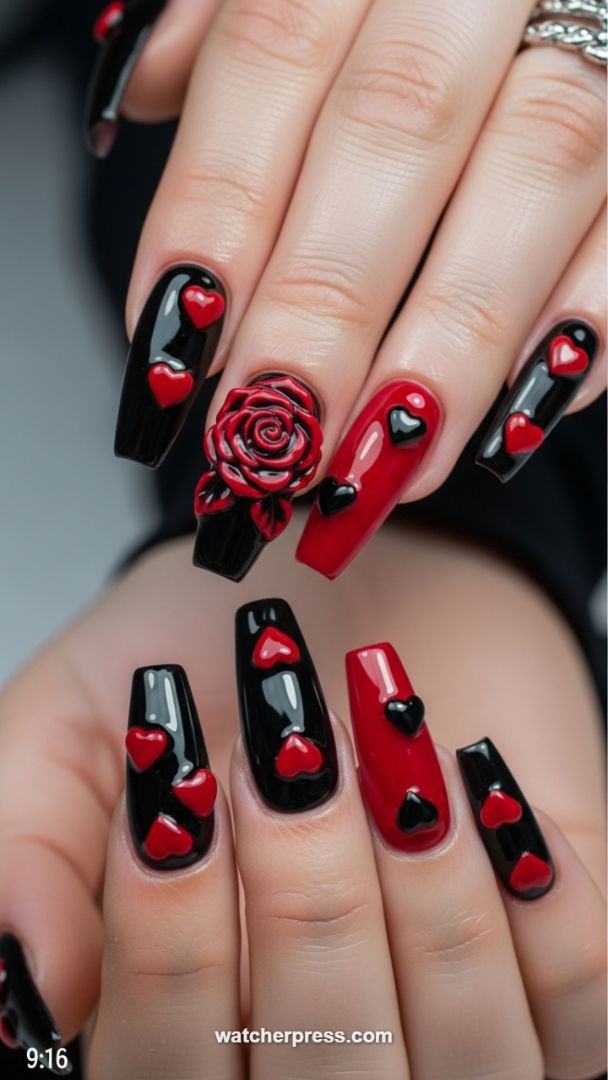 The Ultimate Valentine: 3D Sculpted Rose and Heart Coffin Set in Black and Ruby Red