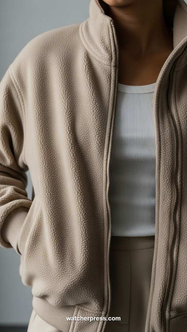 Transitional Texture: The Neutral Sherpa Bomber, Essential for Elevated Preppy Layers.