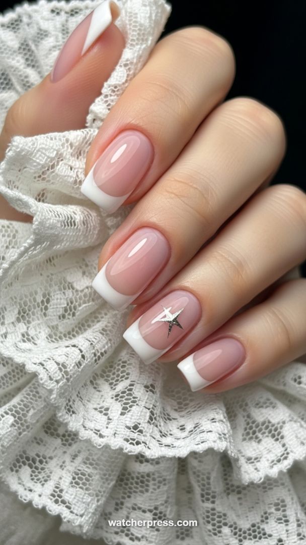 Updated French Manicure: Crisp White Tips and Metallic Star Accent