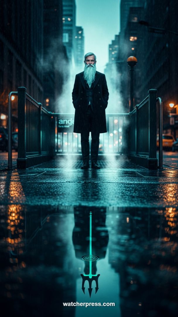 Urban Mythos: Neon Teal Trident Reflection on Wet City Streets